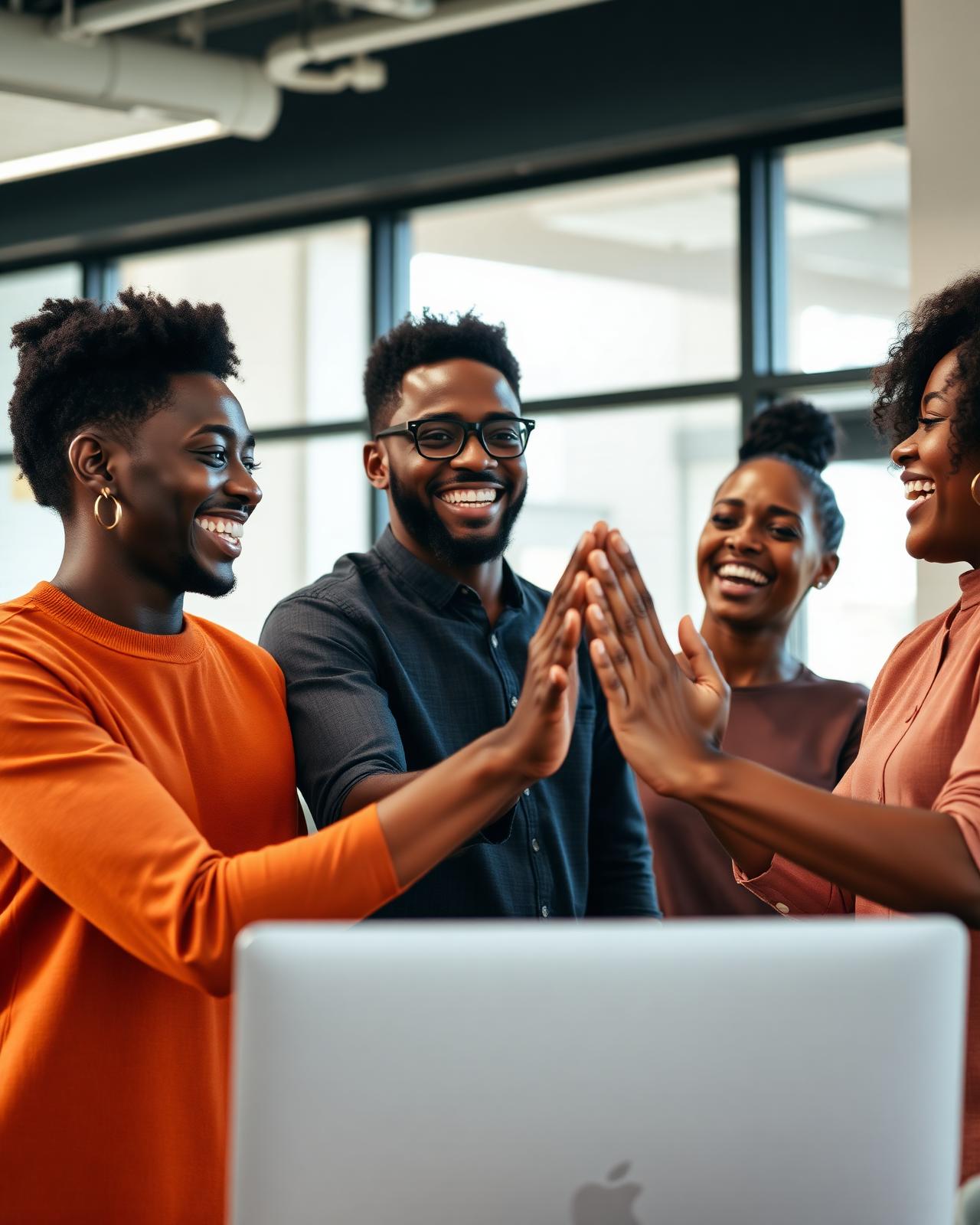 Diverse Nigerian employees celebrating together at work